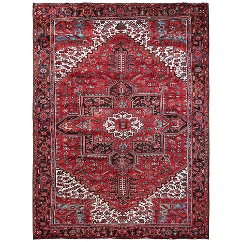 Scarlet Red, Vintage Persian Heriz with Geometric Medallion Design, 100% Wool, Hand Knotted, Even Wear, Sheared Low, Good Condition, Sides and Ends Professionally Secured, Oriental 