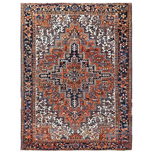 Yam Orange, Vintage Persian Heriz with Geometric Medallion Design, Pure Wool, Hand Knotted, Evenly Worn, Cropped Thin, Good Condition, Sides and Ends Professionally Secured, Oriental 