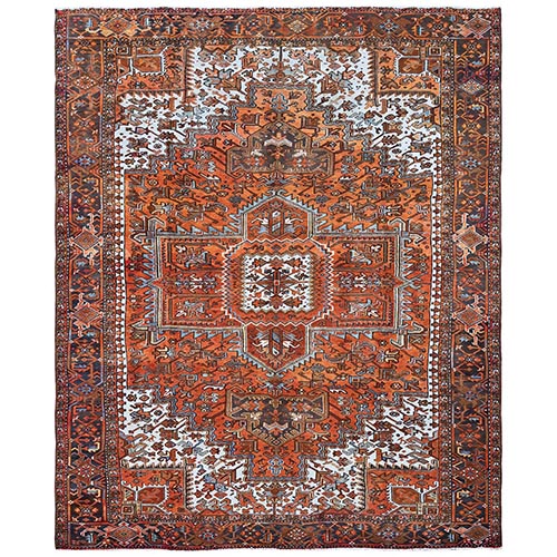 Burnt Orange, Vintage Persian Heriz with Geometric Medallion Design, Hand Knotted, Pure Wool, Even Wear, Sheared Low, Good Condition, Sides and Ends Professionally Secured, Oriental 