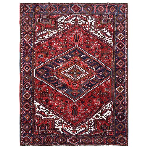 Ajax Red, Vintage Persian Heriz with Geometric Medallion Design, Animal Figurines, 100% Wool, Hand Knotted, Shaved Down, Even Wear, Good Condition, Sides and Ends Professionally Secured, Oriental Rug 