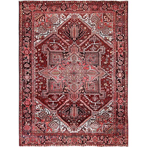 Bossa Nova Red, Vintage Persian Heriz with Geometric Medallion Design, Worn and Distressed, 100% Wool, Hand Knotted, Shaved Low, Good Condition, Sides and Ends Professionally Secured, Oriental 