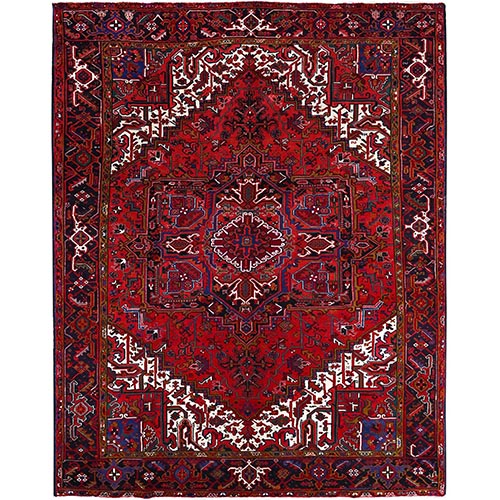 Pomegranate Red, Hand Knotted Evenly Worn Pure Wool, Old Persian Heriz, Good condition, Sides and Ends Professionally Secured and Cleaned, Sheared Low, Oriental 