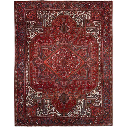 Vivid Burgundy Red, Evenly Worn, 100% Wool, Hand Knotted, Clean Sides and Ends Secured, Semi Antique Persian Heriz, Good Condition, Oriental 