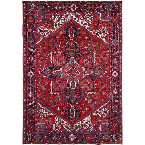 Pepper Red and Yale Blue Border, Hand Knotted Cropped Thin, Even Wear Old Geometric Persian Heriz, Sides and Ends Professionally Secured and Cleaned, Soft Wool Oriental Rug 