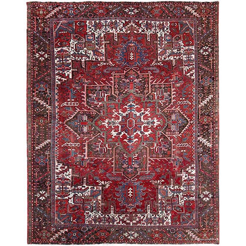 Currant Red, Semi Antique Persian Heriz Tribal Design, Lustrous Wool, Distressed, Hand Knotted Abrash, Sheared Low, Evenly Worn Oriental 