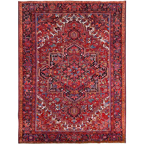 Rouge Red, Hand Knotted Pure Wool, Pop Of Colors, Vintage and Evenly Worn Persian Heriz In Mint Condition, Cleaned, Cropped Thin, Ends and Sides Professionally Secured, Oriental 