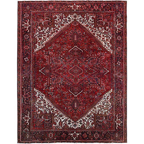 Scarlet Red With Bistro White Corners, Hand Knotted Cropped Thin, Vintage Persian Heriz With Central Geometric Medallion Design, 100% Wool, Even Wear, Good Condition, Sides and Ends Professionally Secured, Oriental 