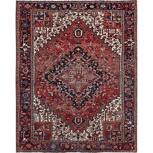 Lobster Red, Hand Knotted Old Persian Heriz and Medallion Design, Distressed, Abrash, 100% Wool, Clean Sides and Ends Professionally Secured, Cropped Thin, Oriental Rug 