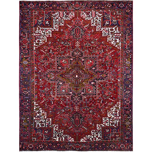 Nationals Red, Even Wear, Clean, Semi Antique Heriz, Mint Condition, Sides And Ends Secured Professionally, Natural Wool, Sheared Low, Hand Knotted, Oriental Rug