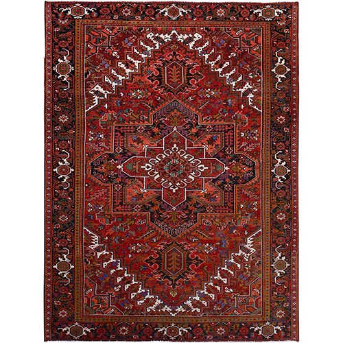 Crimson Red With Asphalt Black Border, Large Colorful Centre Geometric Pattern, Secured And Cleaned, Hand Knotted, Great Condition, Pure And Soft Wool, Sheared Low, Semi Antique Oriental Rug