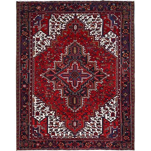 Penn Red With Snow Drift White Corners, Hand Knotted, Clean, Good Condition, Tribal Weaving, Natural Dyes, Vintage Persian Heriz With Centre Flower Element, Oriental 
