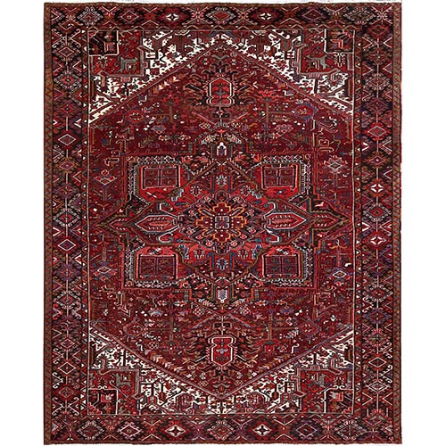 Chili Oil Red With Geometric Center Medallion, Good Condition, Sides and Ends Professionally Secured, Cleaned, Pure And Soft Wool, Antique Persian Heriz, Hand Knotted, Oriental 