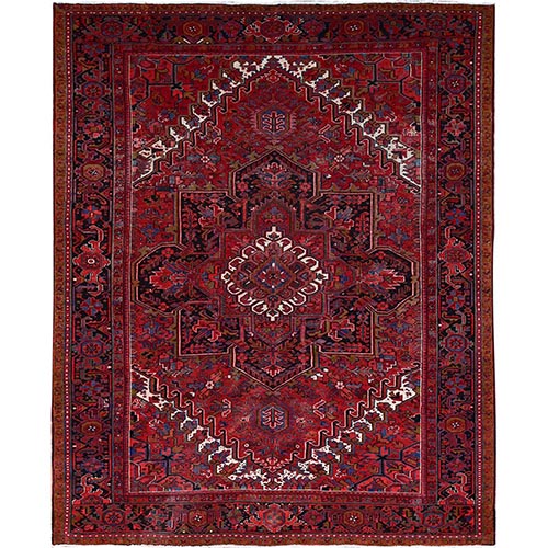 Merlot Deep Red With Colorful Large Motif, Good Condition, Clean With Pop Of Color, Organic Wool, Semi Antique Nomad Art Persian Heriz Oriental Rug