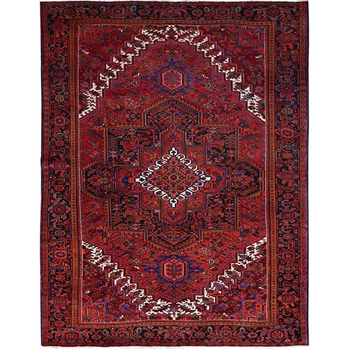Sceptre Red, Cleaned, Good Condition, Pure Wool, Ends And Sides Secured, Semi Antique Tribal Weaving Persian Heriz With Centre Flower Pattern, Oriental Rug