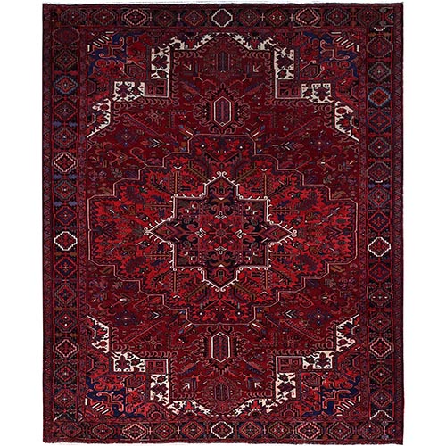 Chocolate Cosmos Red With Ends And Sides Secured Professionally, Geometric Border, Good Condition, Soft Wool, Cropped Thin, Tribal Weaving, Semi Antique Heriz Oriental 
