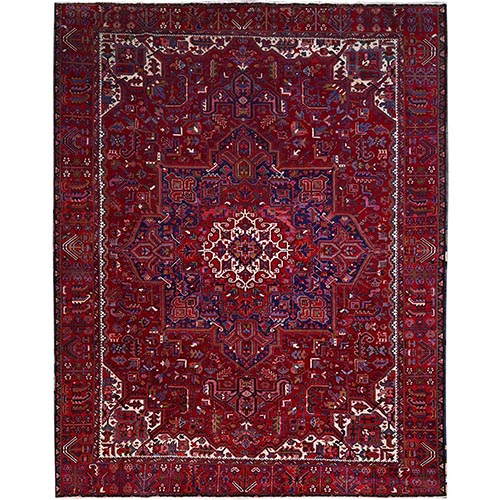 Carmine Red, Sides And Ends Secured Professionally, Vintage Persian Heriz, Good Condition, Tribal Weave, All Natural Wool, Oriental Rug