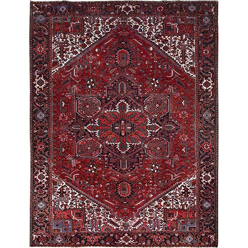 Scarlet Red and Baby Powder White Corners, Centre Flower Element With Colorful Borders, Nomad Art, Soft And Velvety Wool, Sheared Low, Hand Knotted, Semi Antique Oriental Rug