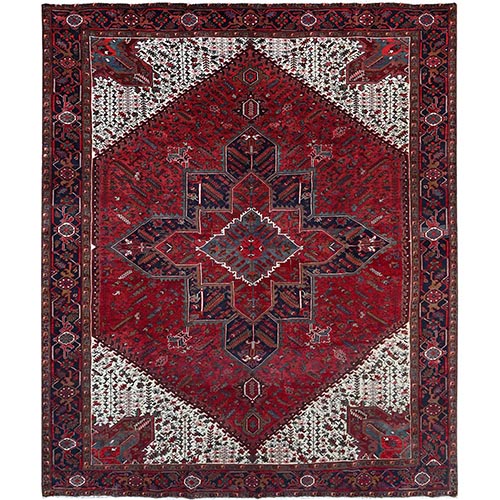Space Cherry Red, Fine Nomad Art, Secured, Large Centre Geometric Motif, Hand Knotted, All Organic Wool, Semi Antique, Sheared Low Oriental Rug