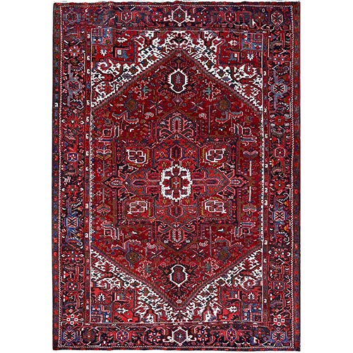 Carnelian Red, Semi Antique, Colorful Tribal Weaving, Vibrant Geometric Pattern, Sides And Ends Secured Professionally, Hand Knotted, Pure Wool, Cropped Thin Oriental Rug