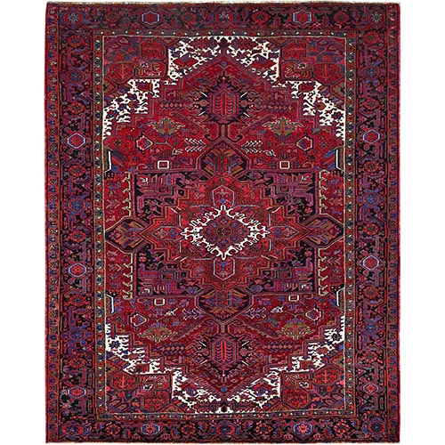 Barn Red With Geometric Centre Element, Mint Condition, Clean, Cropped Thin, Sides And Ends Secured Professionally, Hand Knotted, Soft Wool, Persian Heriz, Tribal Weaving, Vintage Oriental Rug