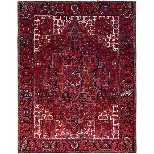 Fire Brick Red With Asphalt Black Border, Nomad Art, Persian Vintage Heriz, Great Condition, Cleaned, Sheared Low, Sides And Ends Secured, Hand Knotted, Luxurious Wool, Oriental Rug
