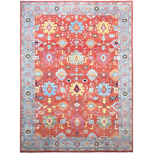 Dark Coral Orange, Pure Wool, Hand Knotted, Afghan Peshawar Serapi Heriz With Colorful Tribal Motifs All Over Design, Densely Woven, Vegetable Dyes, Oriental Rug