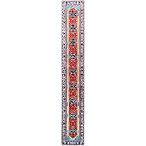 Fire Engine Red, Natural Dyes With Tribal Elements, Narrow, Soft And Velvety Wool, Hand Knotted, Afghan Peshawar Serapi Heriz, Densely Woven, Runner Oriental Rug
