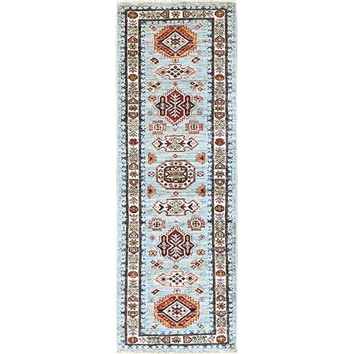 Wrought Iron Gray, Colorful And Vibrant Geometric Motifs, Vegetable Dyes, Hand Knotted, Denser Weave, Super Kazak, Oriental Runner Rug