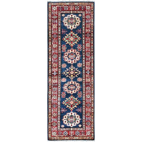Sailor Blue, Densely Woven, Soft And Shiny Wool, Large Motifs, Hand Knotted, Vegetable Dyes, Afghan Super Kazak Oriental Runner Rug