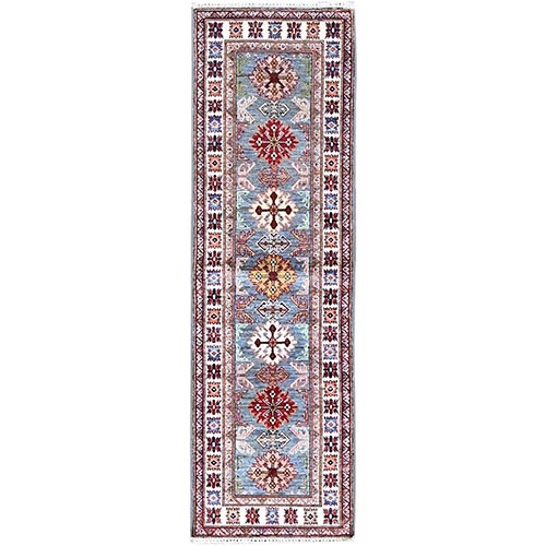 Moonquake Gray, Hand Knotted, Super Kazak, Vibrant Tirbal Motifs, All Wool, Natural Dyes, Densely Woven Oriental Runner Rug