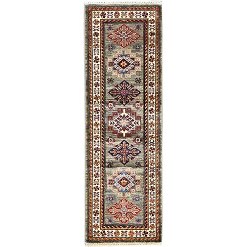 Mermaid Gray, Soft And Vibrant Wool, Tribal And Geometric Elements, Hand Knotted, Super Kazak, Denser Weave, Runner Oriental Rug