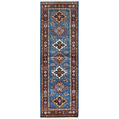 Dodgers Blue With Geometric Patterns, Hand Knotted, Pure And Soft Wool, Afghan Super Kazak, Densely Woven, Oriental Runner Rug