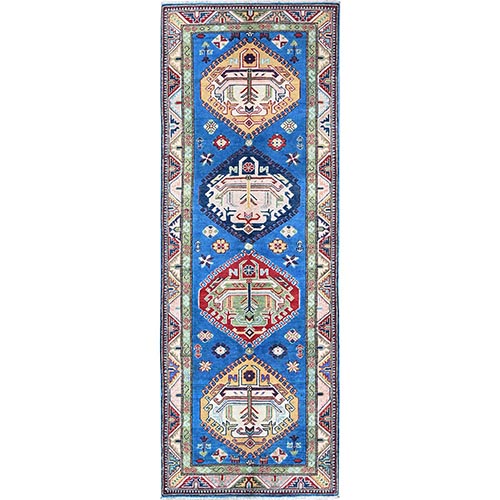 Bayern Blue, Kazak with Tribal Medallions Design, Hand Knotted, Soft and Velvety Wool, Denser Weave, Vegetable Dyes, Runner, Oriental 