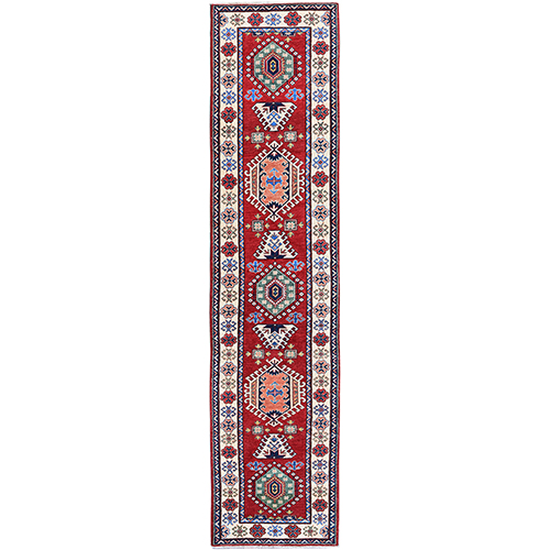 Chili Red, Kazak with Tribal Medallions Design, Hand Knotted, Soft and Velvety Wool, Denser Weave, Vegetable Dyes, Runner, Oriental 