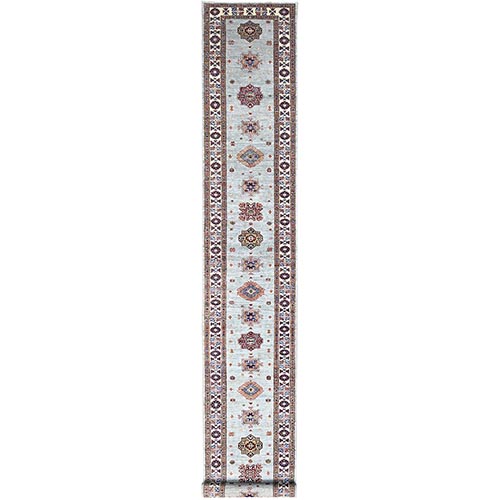 Puritan Gray, Denser Weave, Oversized, Smooth And Shiny Wool, Colorful Tribal Elements All Over, Natural Dyes, Afghan Hand Knotted Super Kazak Oriental Runner Rug