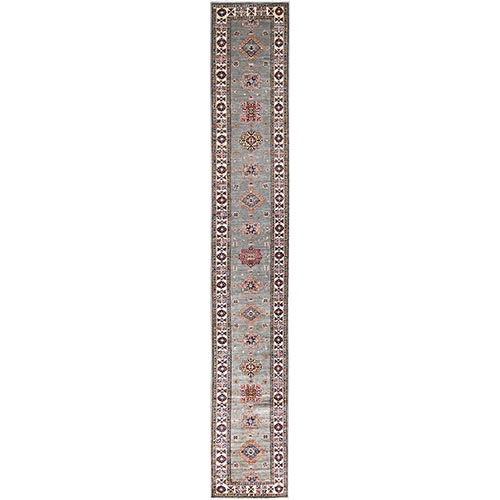 Frost Gray, Afghan Super Kazak 100% Wool Densely Woven Oversized Hand Knotted Tribal And Geometric Medallions Design Vegetable Dyes Oriental Runner Rug