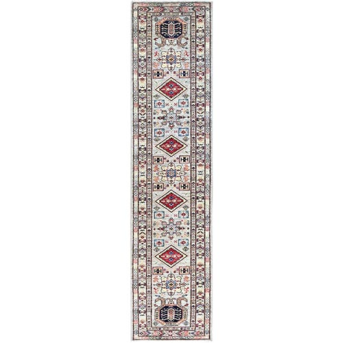 Alloy Gray With Colorful Elements Hand Knotted Denser Weave Organic Wool Oversized Afghan Super Kazak Natural Dyes Runner Oriental Rug