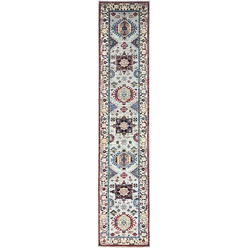 Pigeon Gray, Afghan Super Kazak All Over Geometric Elements Super Soft Wool Hand Knotted Densely Woven Vegetable Dyes Oriental Runner Rug