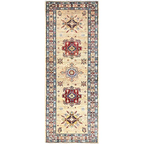 Tescan Beige, Afghan Hand Knotted, Pure And Velvety Wool Densely Woven Geometric Patterns Super Kazak, Vegetable Dyes Runner Oriental Rug