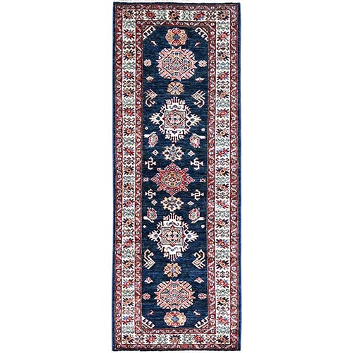 Brewers Blue, Natural Dyes Tribal Motifs Hand Knotted Pure And Velvety Wool Denser Weave Afghan Super Kazak Oriental Runner Rug