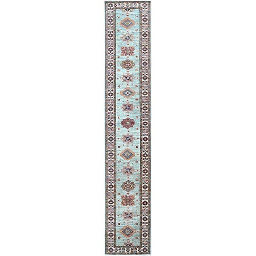 Puritan Gray, Geometric Elements Oriental Afghan Super Kazak 100% Wool Hand Knotted Denser Weave Natural Dyes Runner Rug