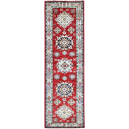 Cherry Red, Super Kazak All Wool Tribal Motifs Hand Knotted Vegetable Dyes Densely Woven Runner Oriental Rug