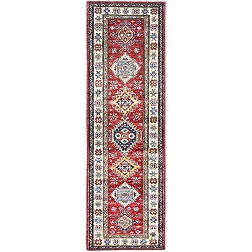 Cranberry Red, Pure and Soft Wool Hand Knotted Denser Weave Geometric Elements Afghan Super Kazak Natural Dyes Oriental Runner Rug