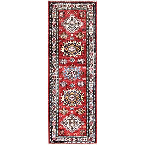 Fire Brick Red, Hand Knotted, Pure Wool, Geometric Elements All Over, Natural Dyes, Densely Woven Afghan Super Kazak, Runner Oriental Rug