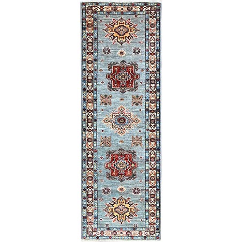 Quite Gray, Natural Dyes, Super Kazak, Denser Weave Hand Knotted, All Over Pattern, Shiny And Soft Wool, Oriental Runner Rug