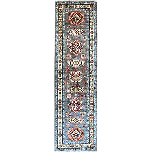 Blackened Pearl Gray, Pure Wool, Densely Woven, Afghan Super Kazak, Hand Knotted, Geometric Elements All Over, Oriental Runner Rug