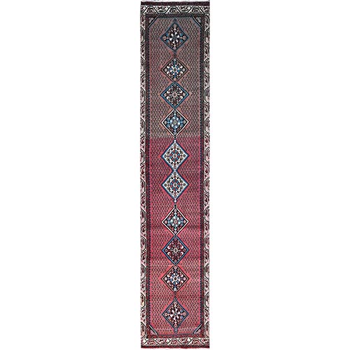 Pompeian Red, Distressed Look With No Holes, Distinct Abrash, Vintage Persian Hamadan and Geometric Elements, Hand Knotted, Soft Wool, Sides And Ends Secured, Runner Oriental 