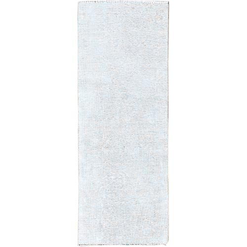 Papyrus White, Worn Down Fragment, Organic Wool Hand Knotted White Wash Old Persian Tabriz, Distressed Look and Sheared Low, Sides and Ends Secured, Oriental Runner 