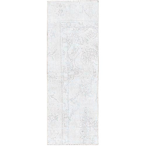 Snow Cap White, Hand Knotted, White Wash Vintage Persian Tabriz Sheared Low Distressed Look, Clean, Shabby Chic, Evenly Worn, Natural Wool, Sides and Ends Professionally Secured, Sample Fragment Oriental Runner Rug 