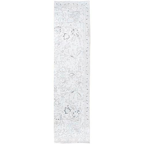 Delicate White, Cropped Thin Fragment, Old Persian Tabriz Hand Knotted Pure Wool, Distressed Look, Evenly Worn, Sides and Ends Secured, White Wash Oriental Runner Rug 